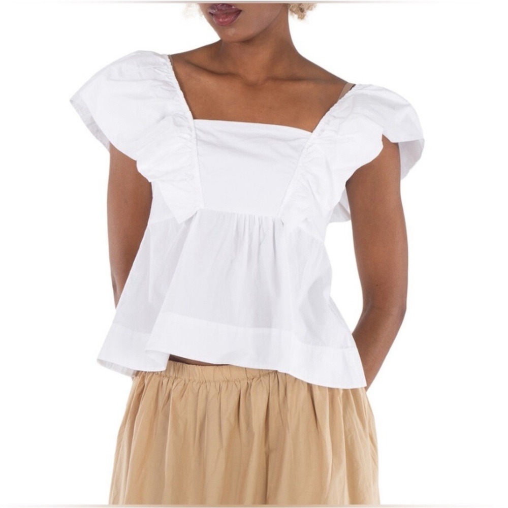 Ganni Bright White Cotton Poplin Ruffle Blouse, Brand Size 44 (US Size 16-18)